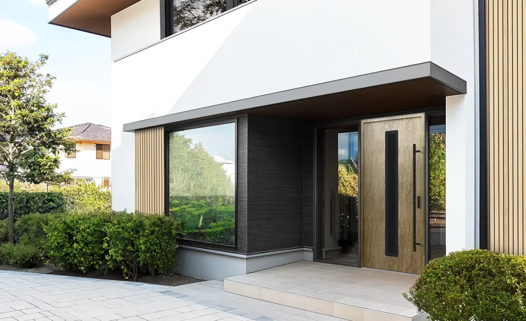 Zamontowane drzwi okna z lamelami, w nowoczesnym budownictwie