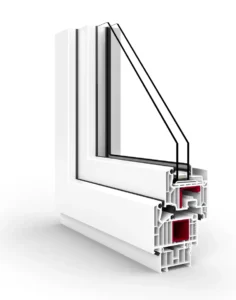 Przekrój okna PVC Vetrex V82 2-szybowe z możliwością ciepłego montażu